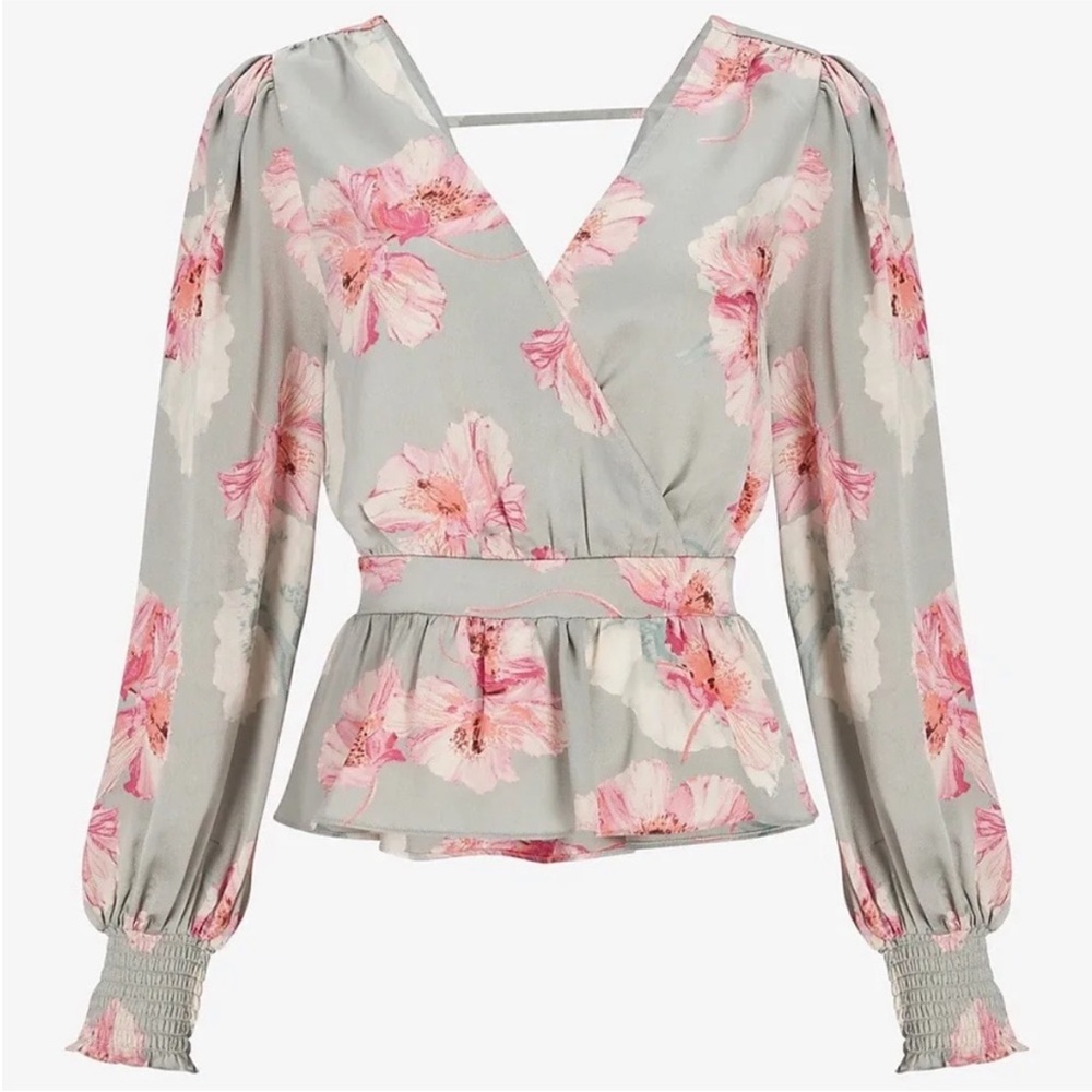 EXPRESS Floral Faux Wrap Blouse Tie Back Satin Peplum Top size S
